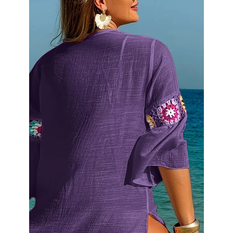 MOXDO Long-Sleeve Straight-Cut Dress, Cover-Up, Beach Dress, Plus Size, Casual, Loose-Fitting, Beach, Pool, Seaside