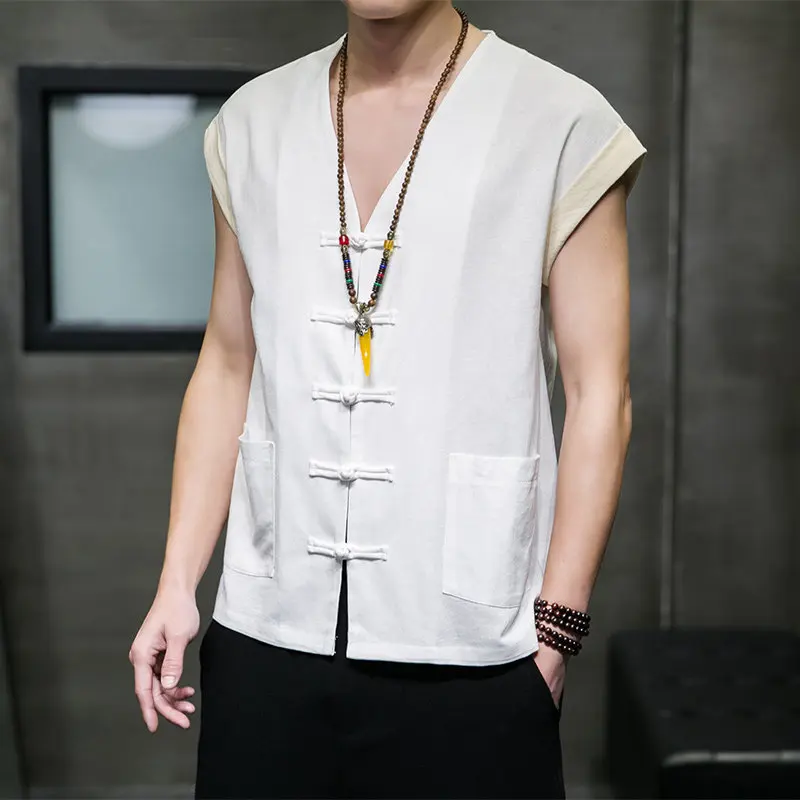 Chinese Style Cotton Linen Vest Men Traditional Tang Suit Frog Button Color Block Sleeveless Cardigan Waistcoat Retro Outerwear