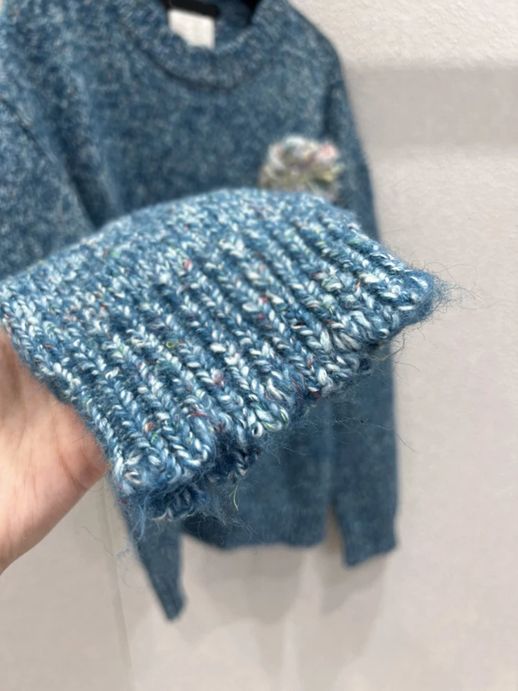 SVORYXIU Lente en herfst modieuze blauwe casual trui dames losse retro trui met bloemenpatroon