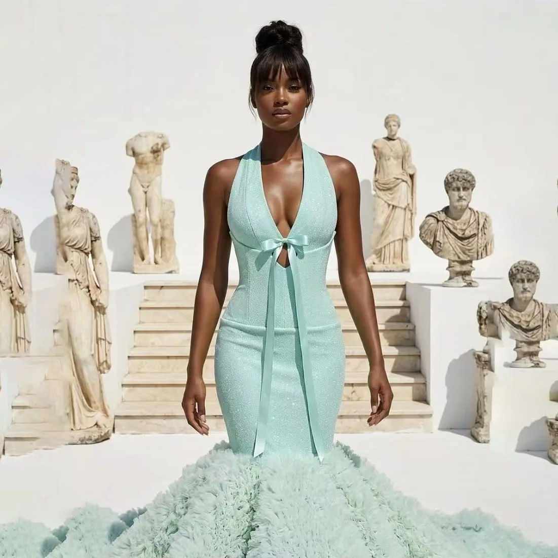African Evening Dresses Long Train Mermaid Elegance Women Formal Dress Sequin Bow Wedding Reception Dresses Mint Layered