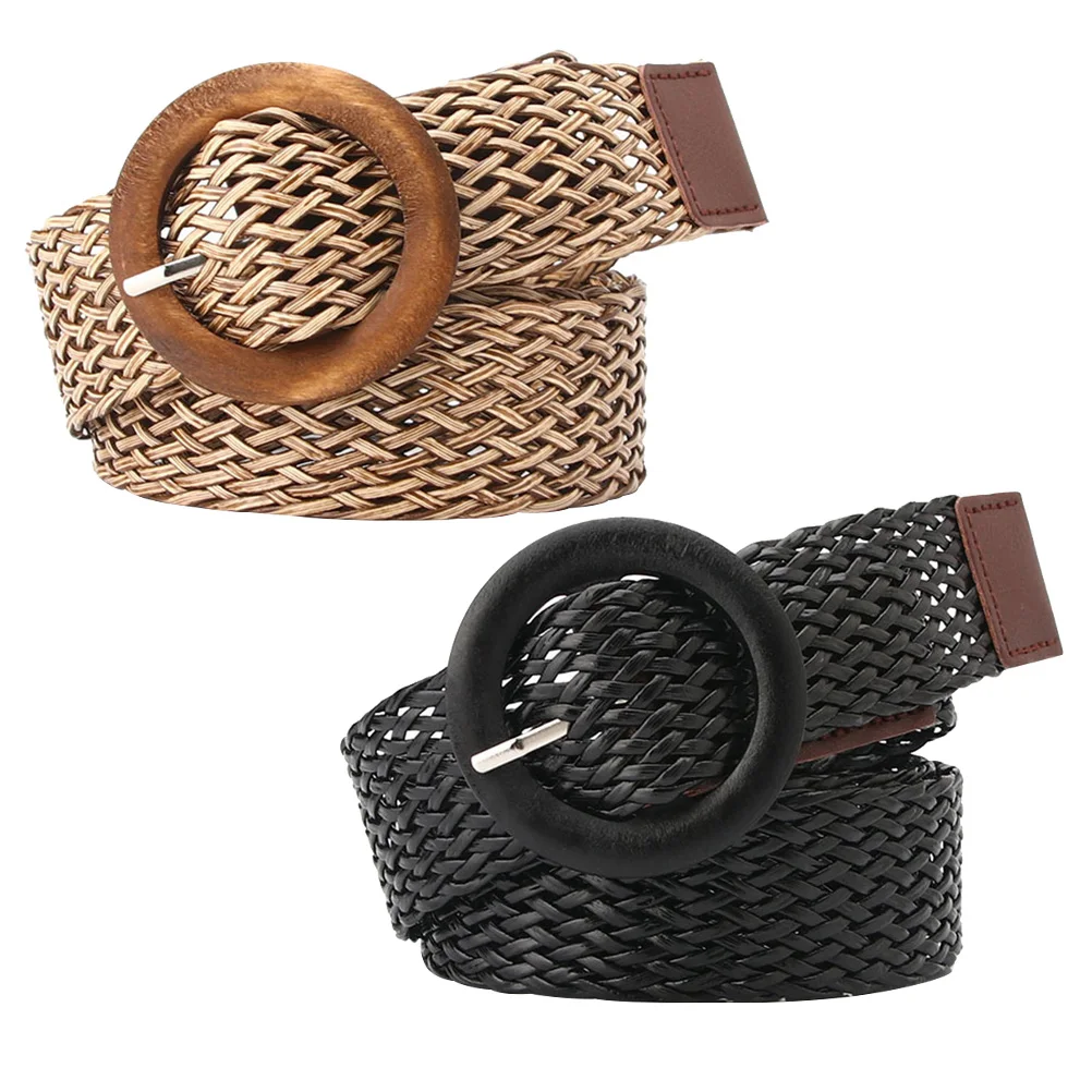

2Pcs Women Weaving Waist Belt Fashion Ethnic Style Round Buckle for Jeans Dresses Shorts Black Khaki Women Waist Belt