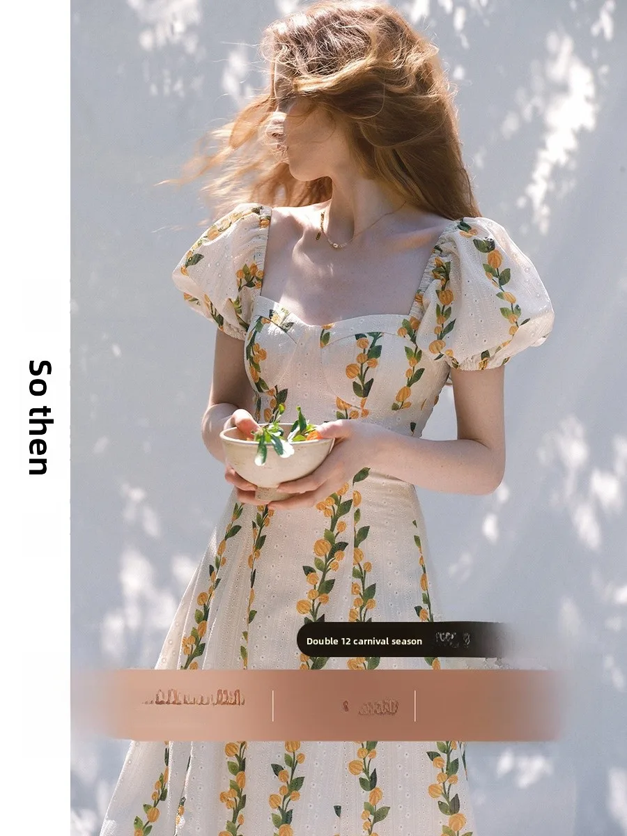 

Summer Floral Print Dr Square Ne Tea Break Long Skirt Women's High Waist Bubble Sve Fairy T Sle Beachside Gown