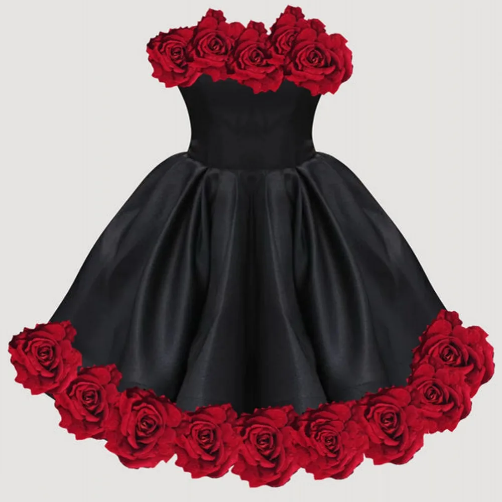 Beautiful Black Midi Women Formal Dresses With 3D Handmade Flower Details Princess Party Dress Lace Up Back