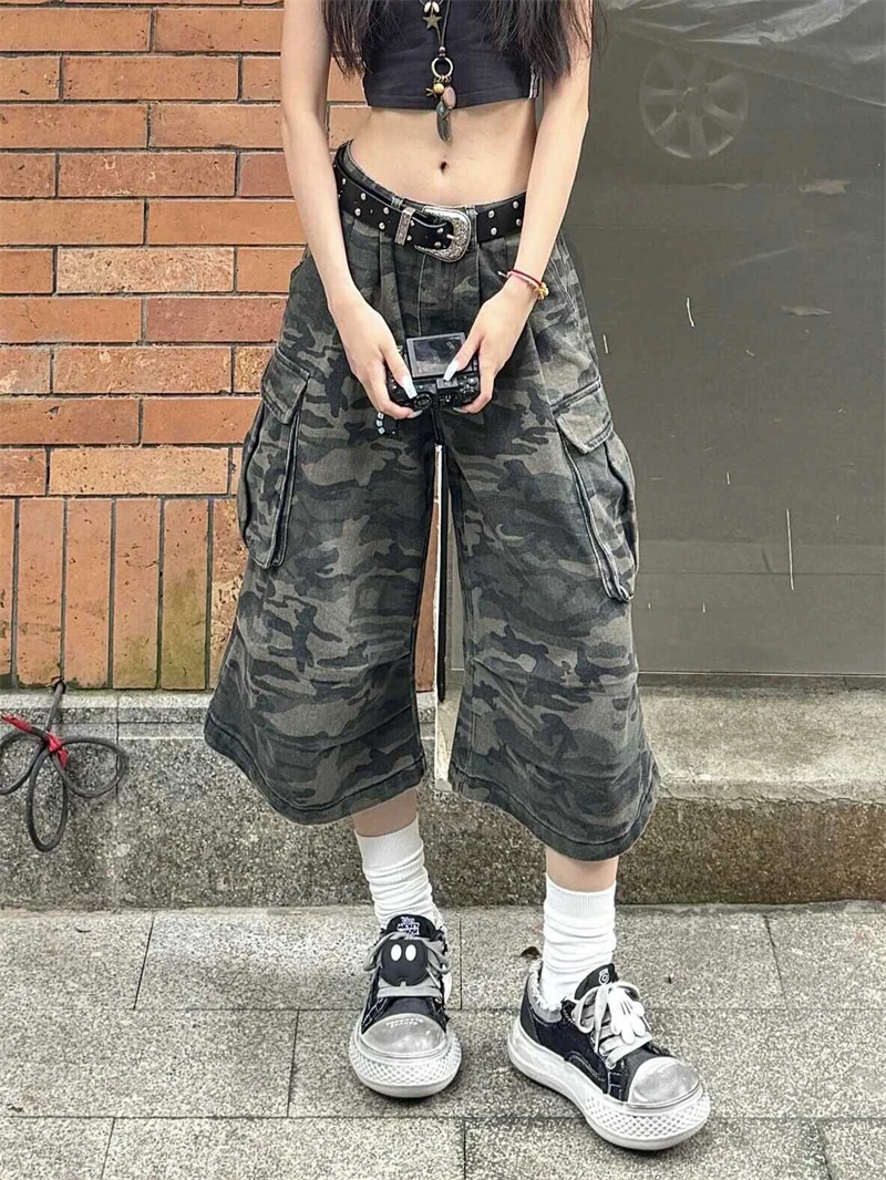 Women\'s Camouflage Cargo Jeans Harajuku Y2k Baggy Denim Trousers 90s Aesthetic Jean Pants Vintage 2000s Emo Trashy Clothes 2024