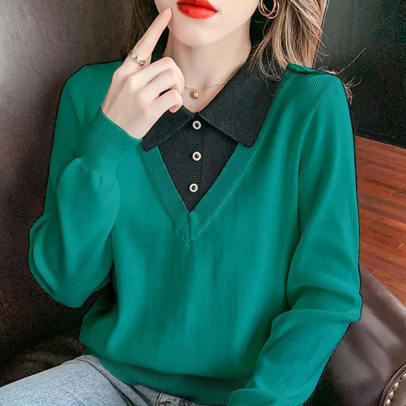 Long Sleeved Sweater Loose and Slimming Color Matching Fake Two-piece Knit Sweater Autumn and Winter New Base Coat Top Women