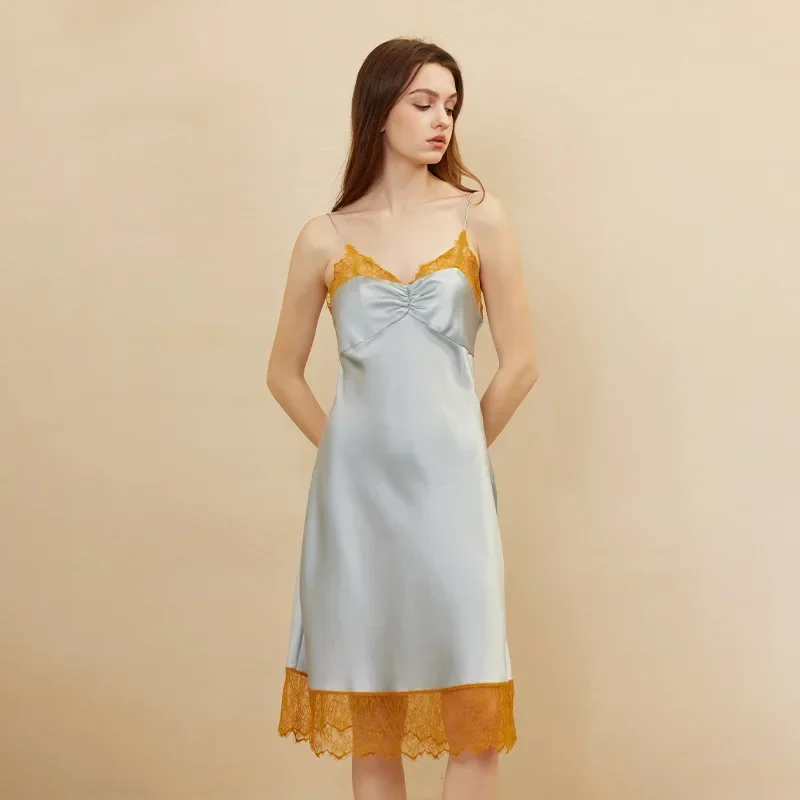 

Lace Trim Silk Slip Dress Elegant 19 Momme 100% Mulberry Silk Camisole Nightdress Homewear Sleeveless Nightgown Pajamas Outwear