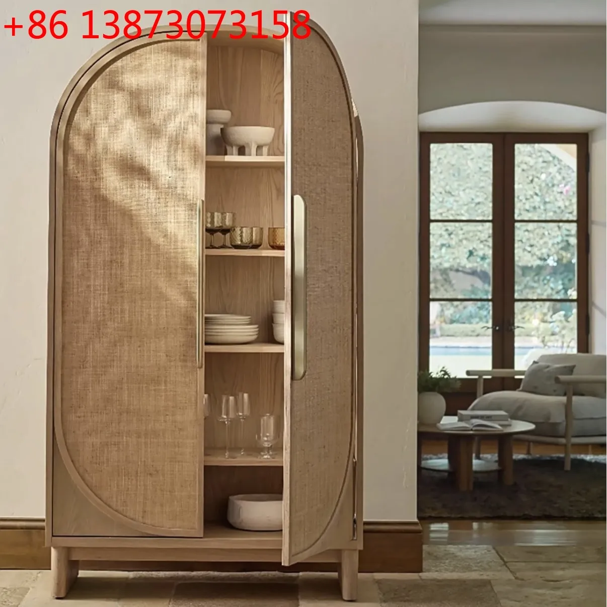 American retro solid wood rattan dining side cabinet surprise quiet wind living room bedroom arched storage cabinet double door