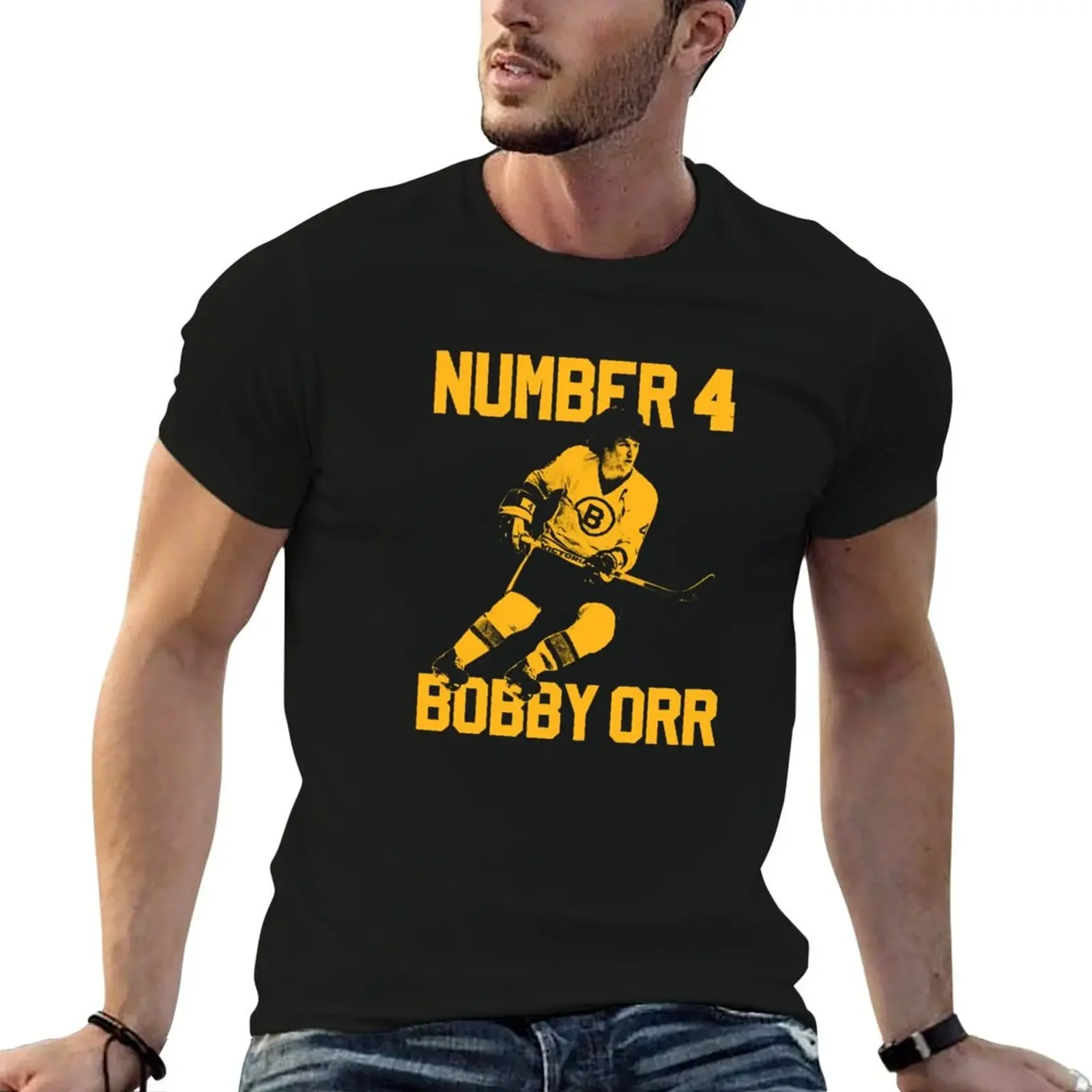 Bobby Orr Number 4 - The Yellow Stencil T-Shirt blacks Short sleeve tee black t shirts for men