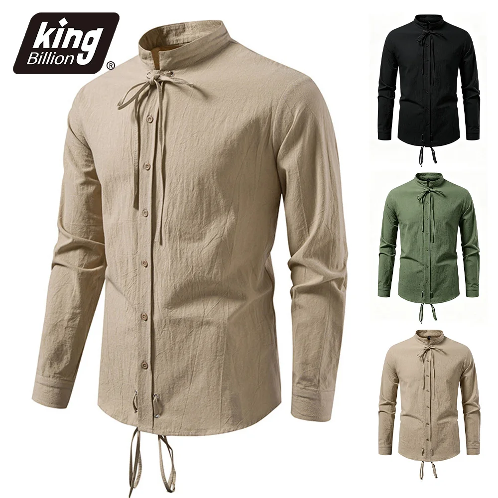 Men's Long Sleeve Shirt Cotton Linen-like Lace-up Vintage Pirate Tops Stand Collar Solid Color Lightweight Gothic Style Shirts