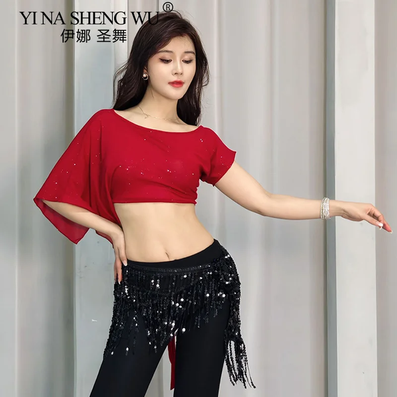 قمة زي الرقص الشرقي للنساء ، شبكة ، أكمام قصيرة ، بدلة تدريب ، قمم مطرزة محترفة ، رقص شرقي ، مثير