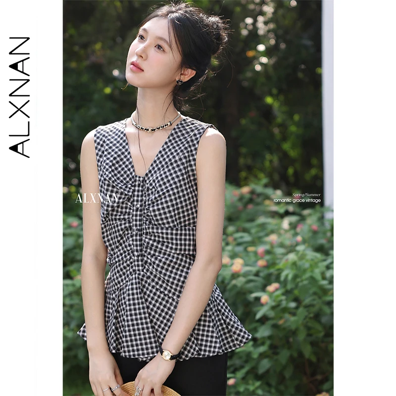 

ALXNAN Women's Tank Tops V-neck Plaid Pleated Waist Slim-fit Vest 2025 Summer Casual Elegant Holiday Beach Sleeveless Top L56207