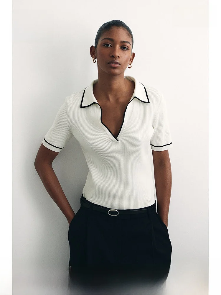 

H&M Women's Knitted Ribbed irt ort Sve ort Length Viscose 70% Nylon 30% Spring 2025 Faion Ladies' Top