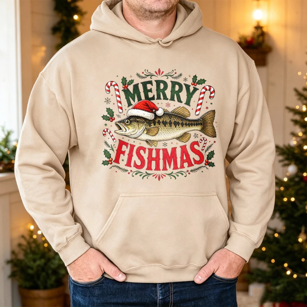 Merry Fishmas Sweatshirt Funny Fishing Christmas Pullover Fisherman Gift For Him Vintage Cozy Fishing Xmas Unisex Hooded