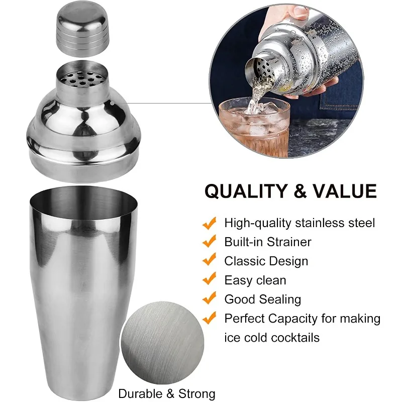 Complete  Barware Collection, 14Pcs Stainless Steel 750ml Cocktail Shaker Bartender Tools With Detachable Bamboo Stand