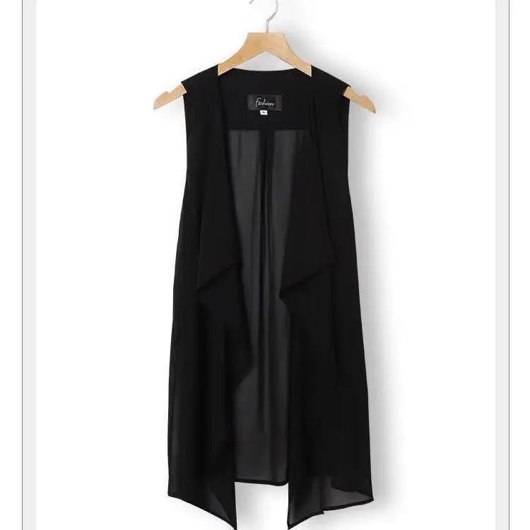 Chiffon Vests Women Holiday Street Solid Black Sweet Thin Summer All-match Fairy Outerwear Sexy Long Draped Open Stitch Vintage