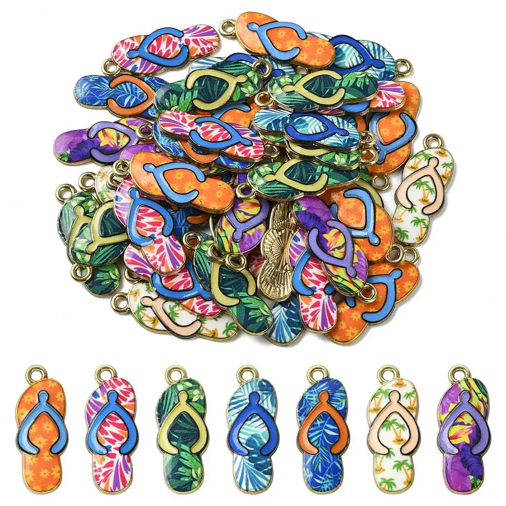40pcs Enamel Metal Flip Flop Charms Tropical Palm Leaf Pattern Slipper Pendants for DIY Bracelet Necklace Beach Jewelry Making