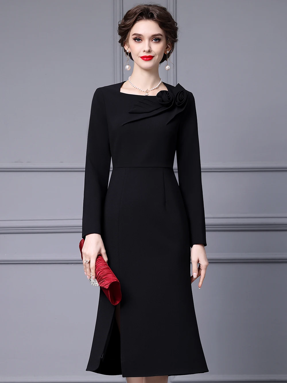 

Элегантное черное вечернее платье-русалка с 3D цветочным декором, завышенной талией, облегающее, приталенное, с длинными рукавами, для весеннего сезона