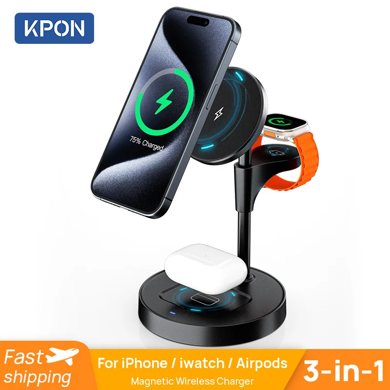 KPON 3 in 1 Wireless Charger Stand Magnetic for iPhone 16 15 14 Fast Charging Station for AppleWatch 9 8 Airpods 2 3 Pro Magsafe