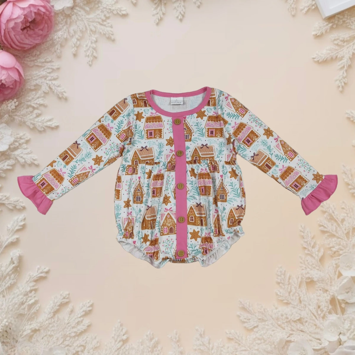 

Newborn Coverall Christmas Fall Baby Girl Long Sleeves Button Romper Kids Ruffle Bodysuit Infant Toddler Houses Snowflake Bubble