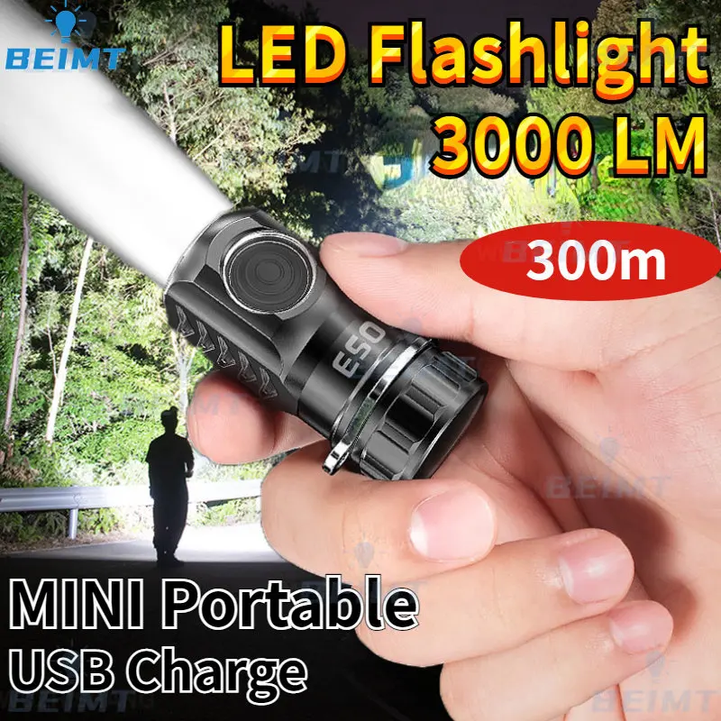 Mini linterna LED recargable por USB, linterna de bolsillo con mecha SST20, linterna de emergencia portátil para acampar al aire libre, 3000LM