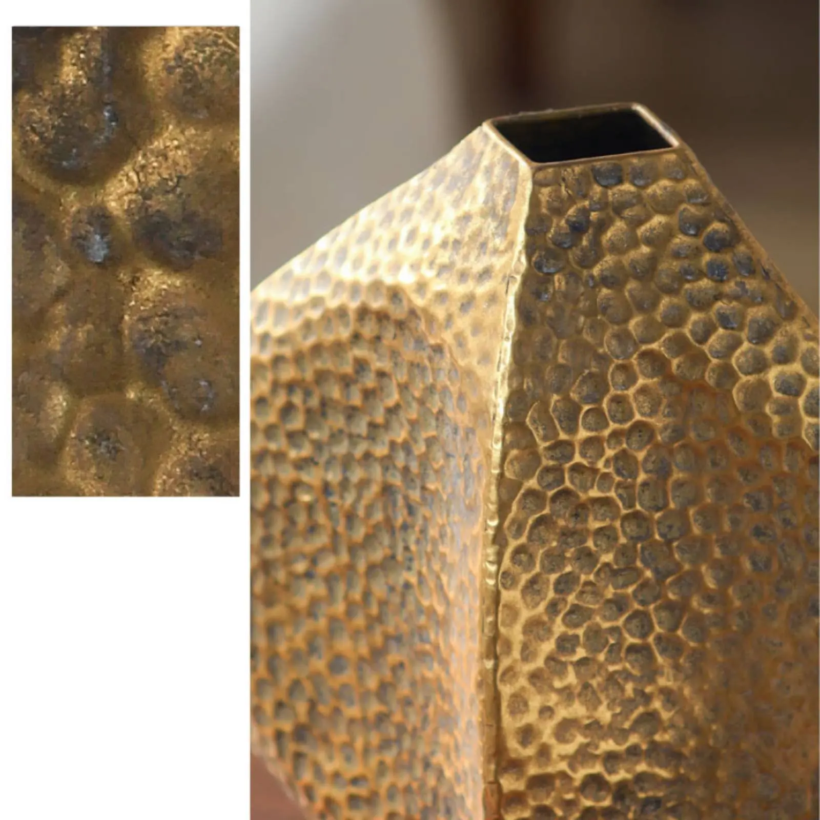 

Hammered Metal Vase Artisanal Craftsmanship Faceted Vase Decor Piece for Living Room, Entryway