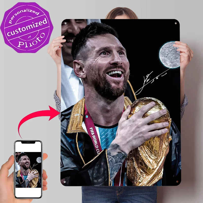 Lionel Messi With Trophy 3D Texture Printed Poster Custom Vintage Metal Tin Plate Sign for Wall Art Home Decor Living Room House