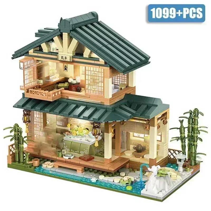 City 1099pcs Classic Japanese Courtyard Model Building Blocks With LED Light Village House MOC Villa Bricks Toys For Children