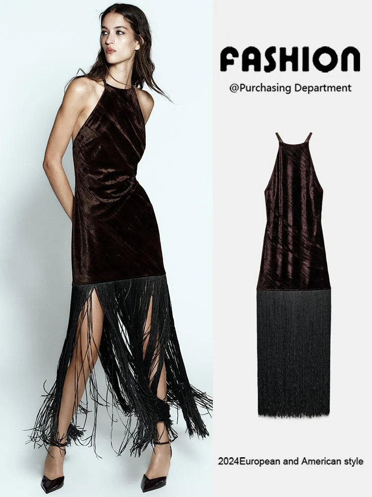 Winter 2025 New Women's Velvet Midi Dr with Tassel Decoration Collar Hanging Neline Versatile Faionable Stage Costume