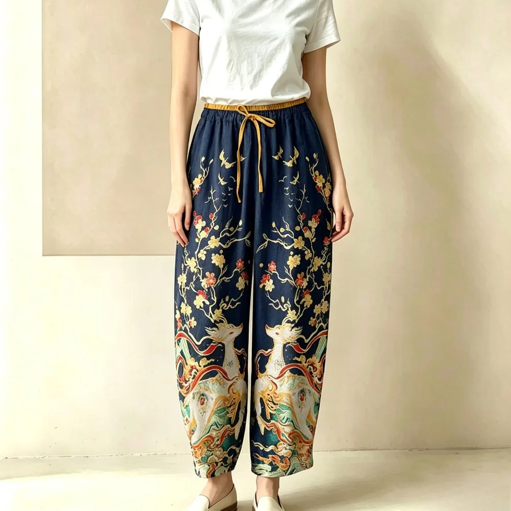 Women Vintage Floral Art Print Cotton Harem Pants Lastic Drawstring Waist Loose Casual Trousers Home Holiday Beach Daily Wear