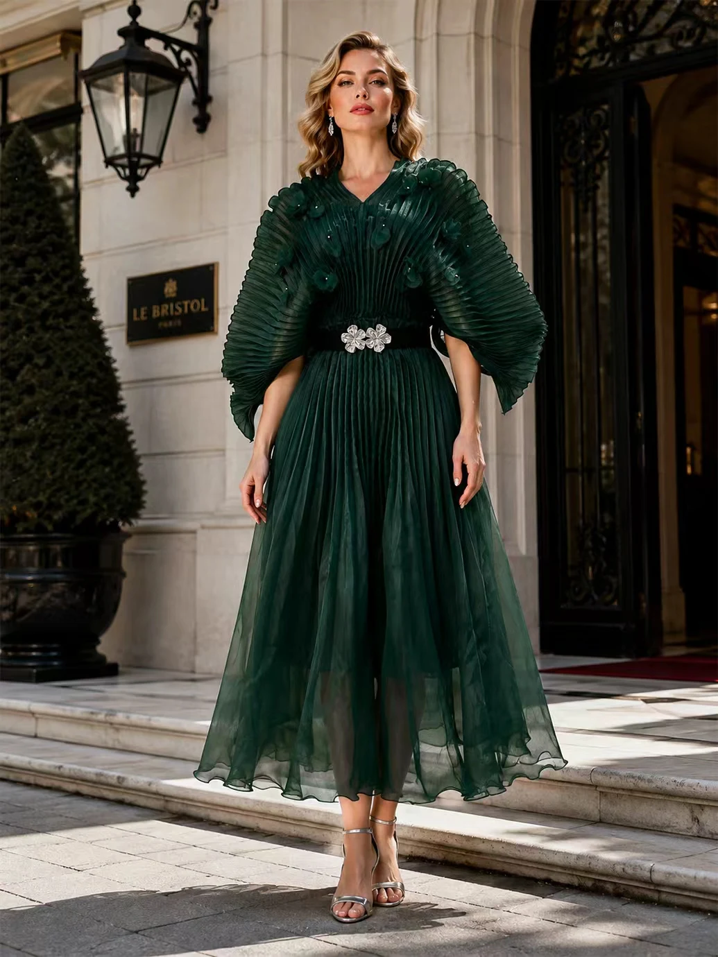Three-dimensional Flower Bat Bubble Sleeve Draped Gown with Crystal Waist Belt for Evening Ball Luxury High-End Sensation Dress