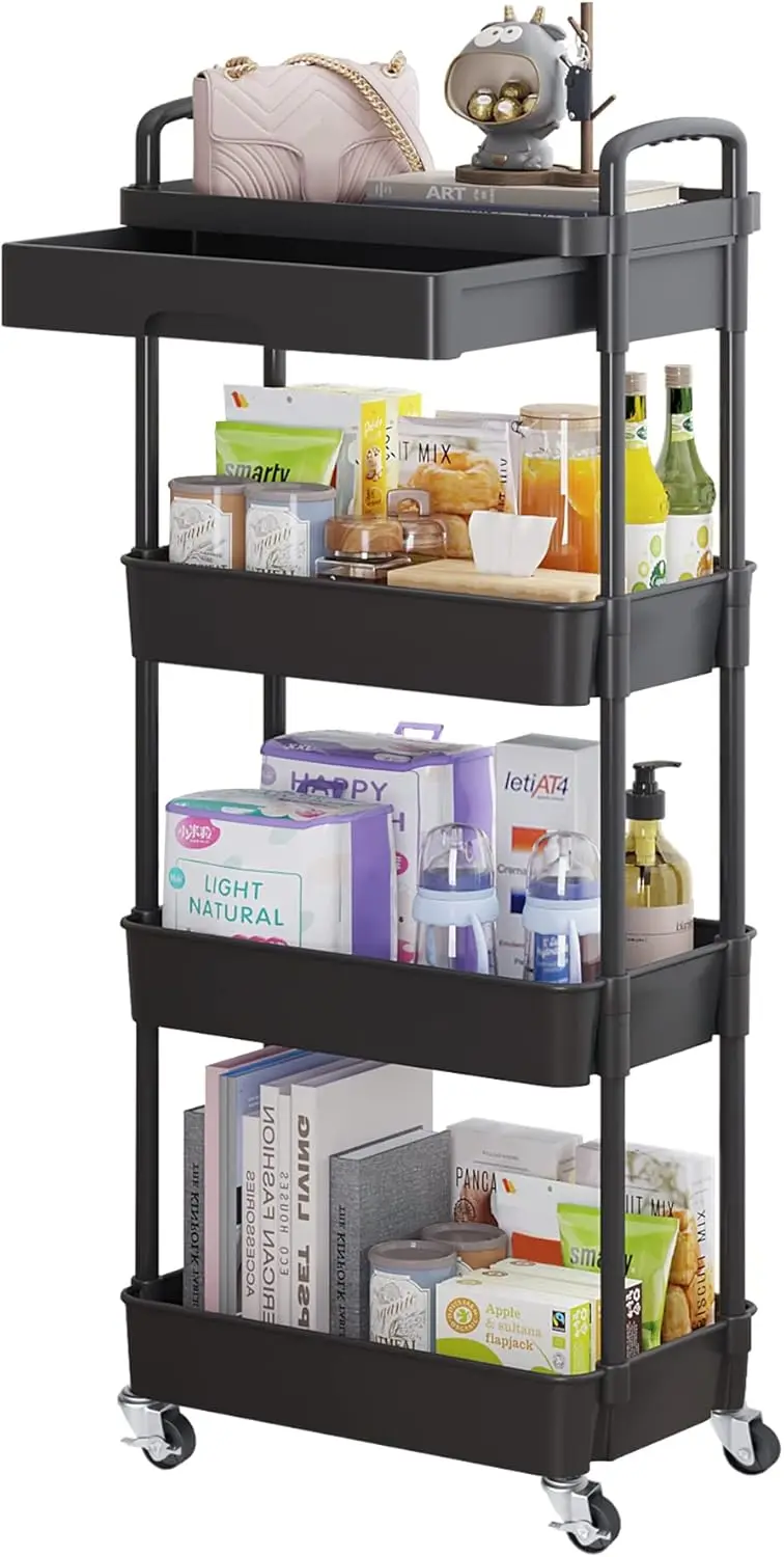 

4-Tier Rolling Cart with Drawer, Plastic/Metal Shelves & Wheels, Multi-Room Storage, Black
