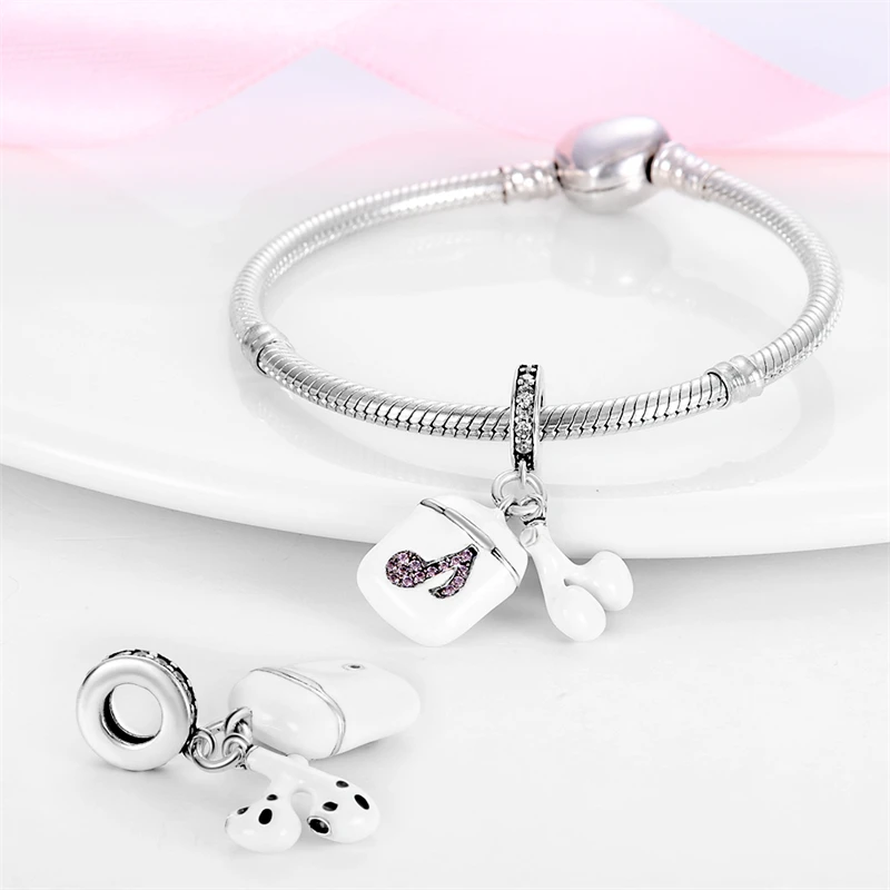 925 Sterling Silver White Earphones Two-Piece Charms Pendant Fit 3mm Original Bracelet DIY Women Fashion Birthday Jewelry Gifts