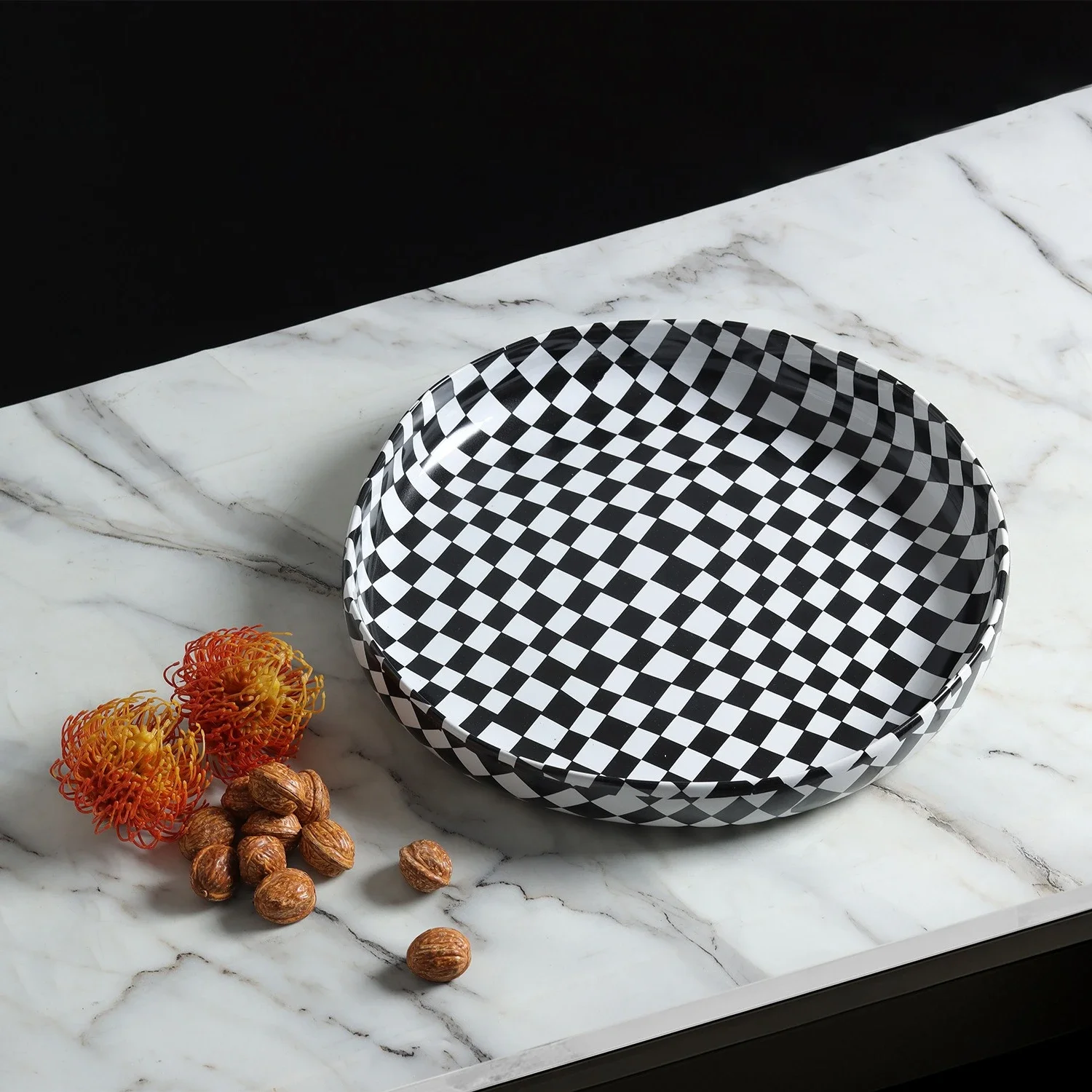 Black and White Checkered Tray Fruit Bowl Snack Plate Desktop Storage Container Geometric Grid Jewelry Dish Trinket Dish