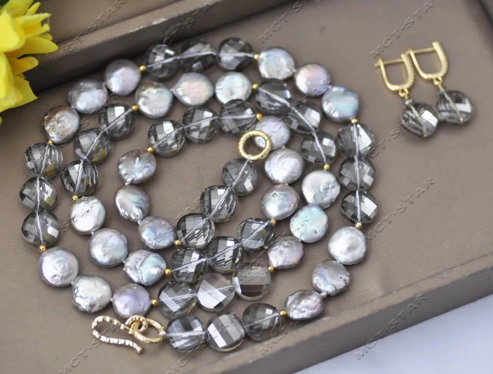 MTC·STAR 35" 15mm Gray Coin Freshwater Pearl Faceted Crystal Necklace Earring  (Z13231) view 3
