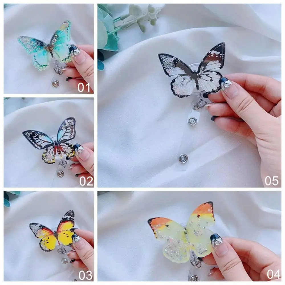 Soporte de insignia de mariposa con cuentas de arena movediza, Clip de tarjeta de identificación giratorio 360, carrete de insignia retráctil, etiqueta de nombre, tarjeta de pecho, suministros escolares de oficina