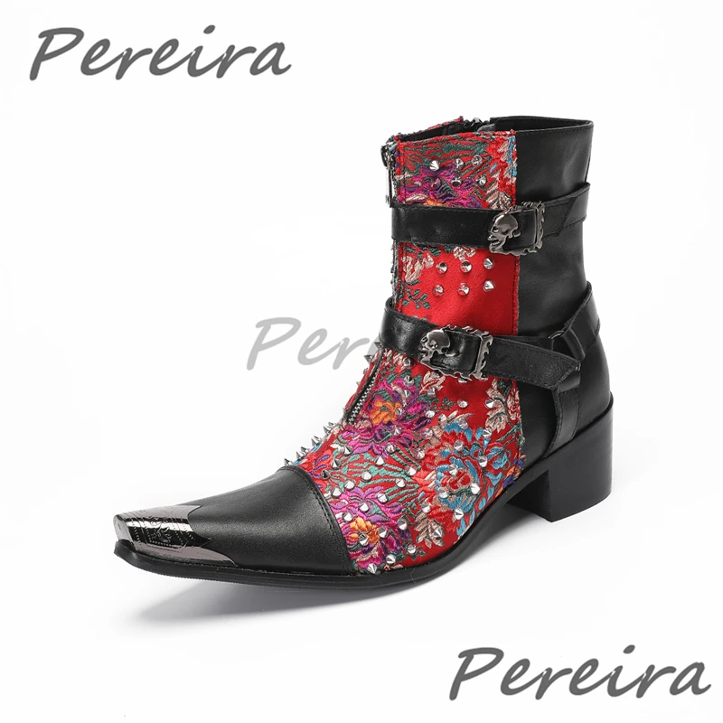 

British Style Genuine Leather Chelsea Boots Red Printed Rivets Belt Buckle Strap Western Boots Autumn Winter Trendy Men's Shoes