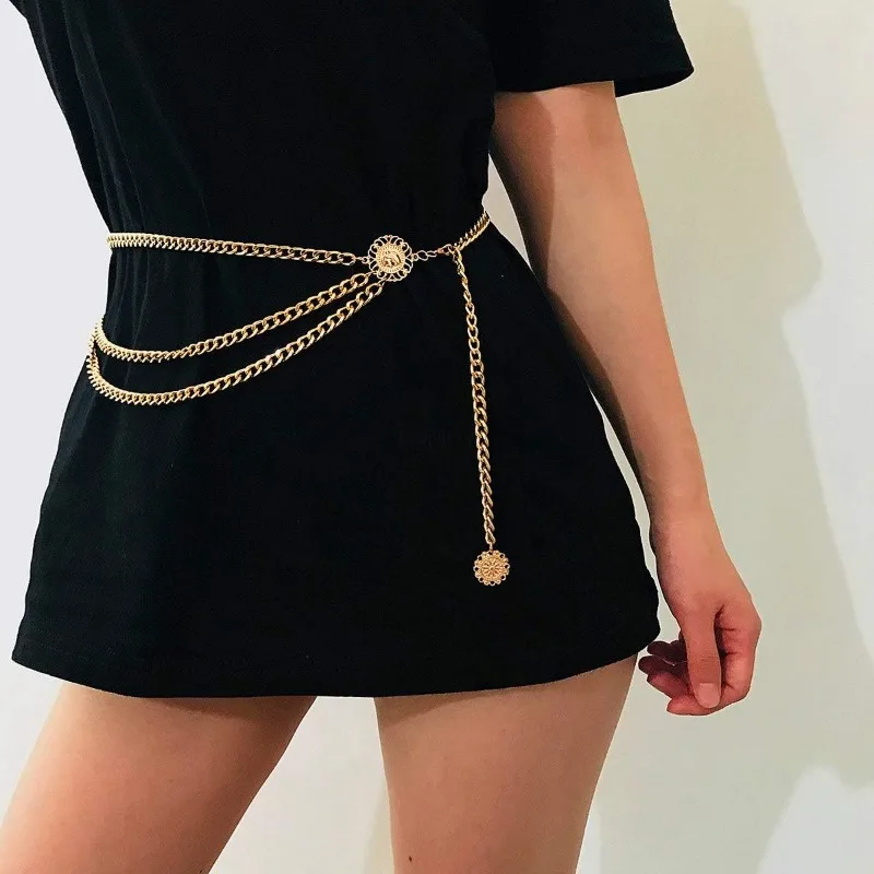 Antique Jewelry Ethnic Style Body Adjustable Retro Sunflower Round Multilayer Metal Waist Chain Dress Belts Metal Belt Women