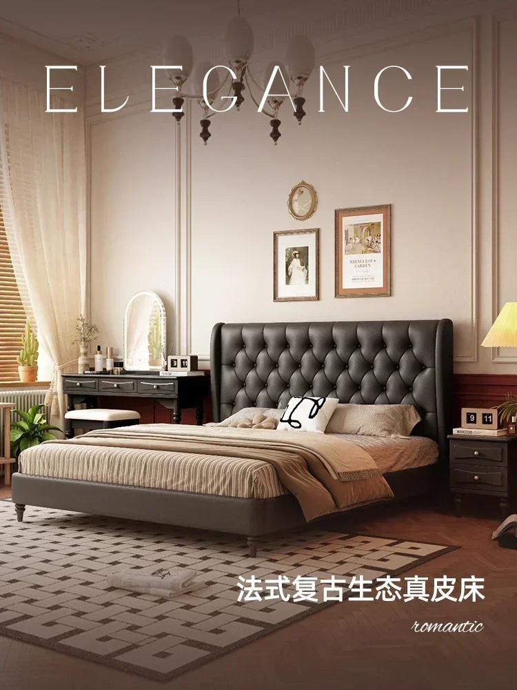 N42 Modern Bedroom Soft Pack Bed French Retro Domestic Double Bed Black Rhombus Soft Cushion Solid Wood Bed