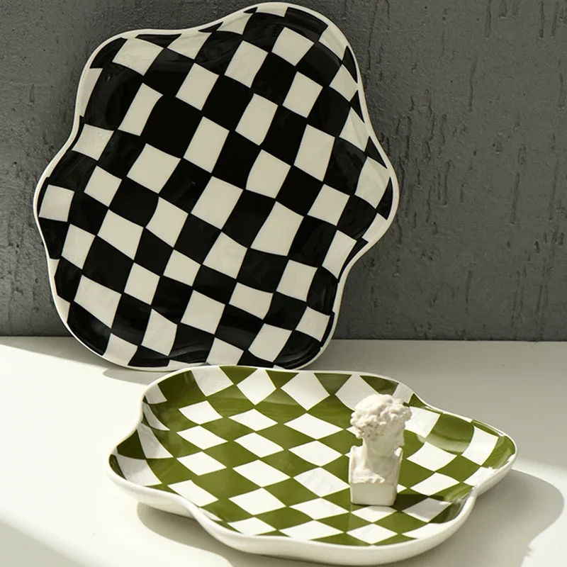 Nordic Ceramic Tray Creative Black White Checkerboard Jewelry Storage Trays Decorative Dessert Dishes Plate Home Decoration