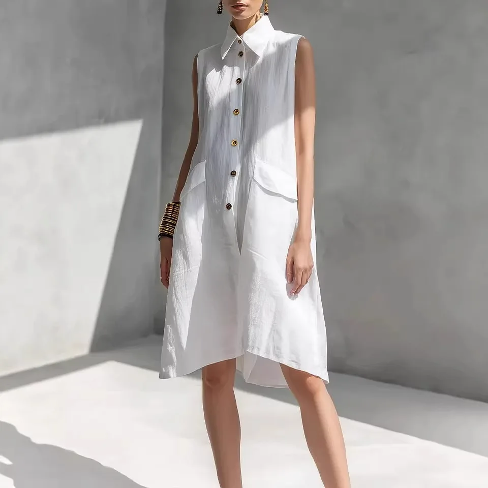 

Элегантное женское летнее платье А-силуэта без рукавов с отложным воротником и частичной застежкой, однотонное, для офиса, пляжа и повседневного отдыха