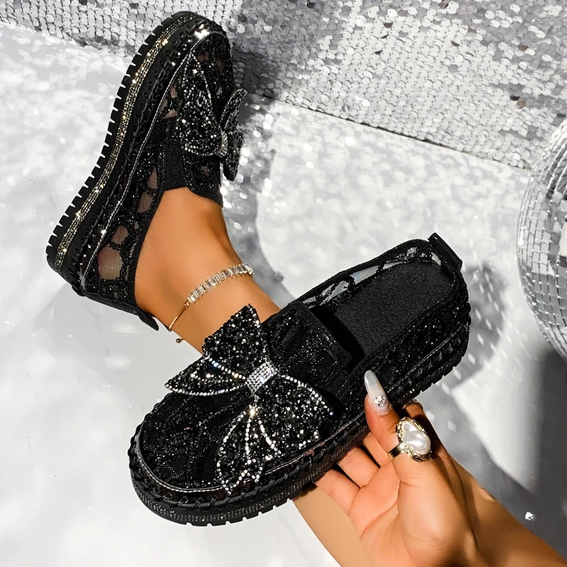 High-heel Round-top Crystal-beaded Net Fabric Fashionable Multi-purpose Comfortable Anti-slip Breathable Women's Single Shoes