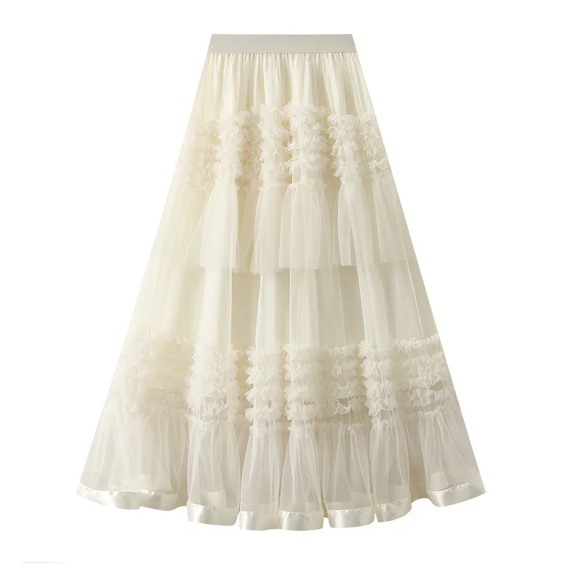 

2025 Summer Floor-length Pleated Skirt Women Long Maxi Tulle Skirt for Women High Waist Vintage Mesh Cake Skirt Female