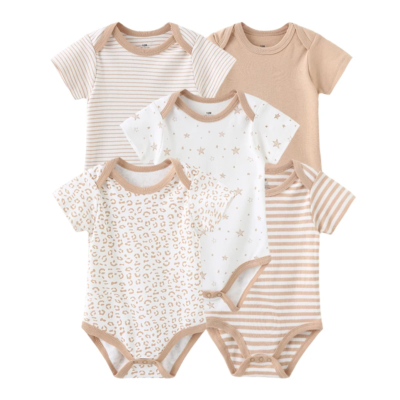 5PCS Cotton Unisex Bodysuits Newborn Baby Girl Clothes Short Sleeve Summer Print Baby Boy Clothes Set Solid Color Bebes