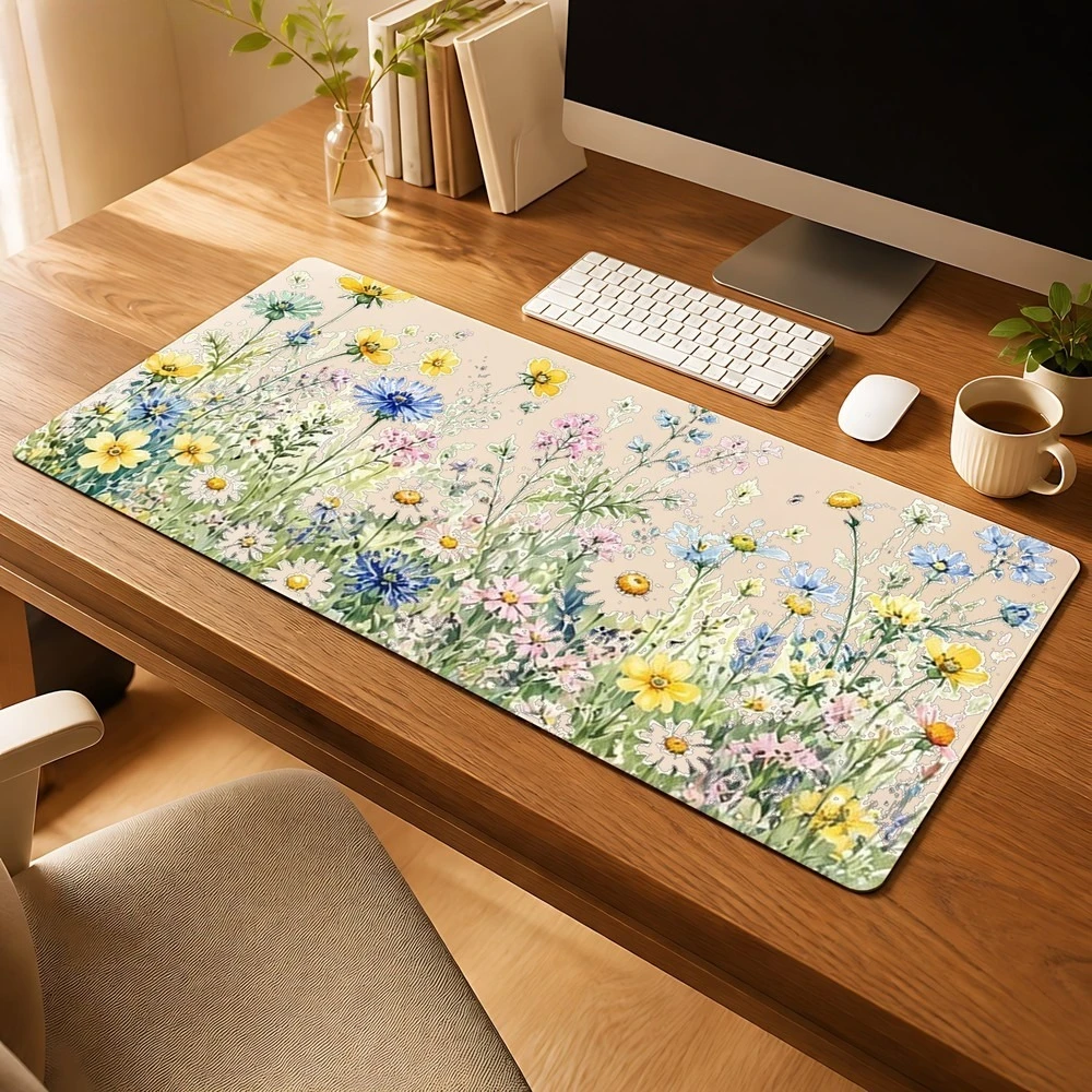 Blue mouse pad, yellow and pink wildflower-pattern mouse pad, anti-slip, desk decoration accessory tapis de souris
