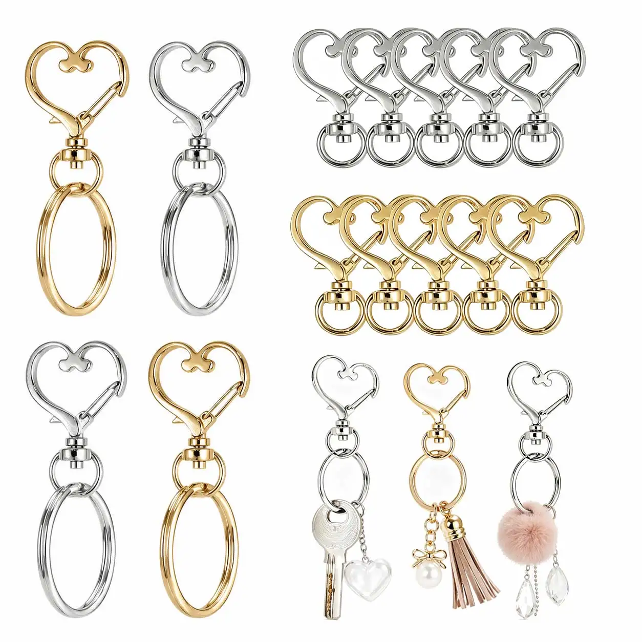 Heart‑shaped Swivel Lobster Clasp Keychain, Metal Spring Snap Hook with Key Ring, DIY Accessories, Bag Pendant Key Hook GYH