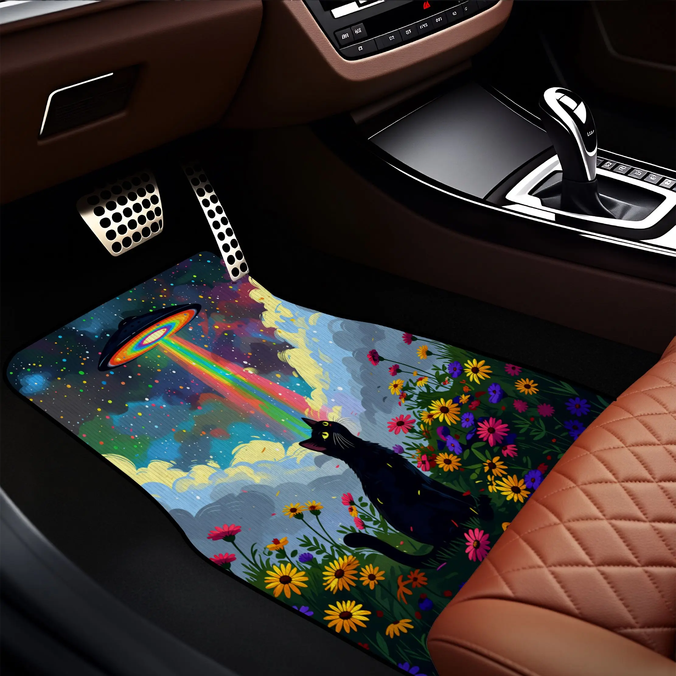 4pcs Cat And Ufo Rainbow Flower Field Crystal Velvet Car Floor Mats - Dust Resistant Durable Psychedelic Art Style Suitable For