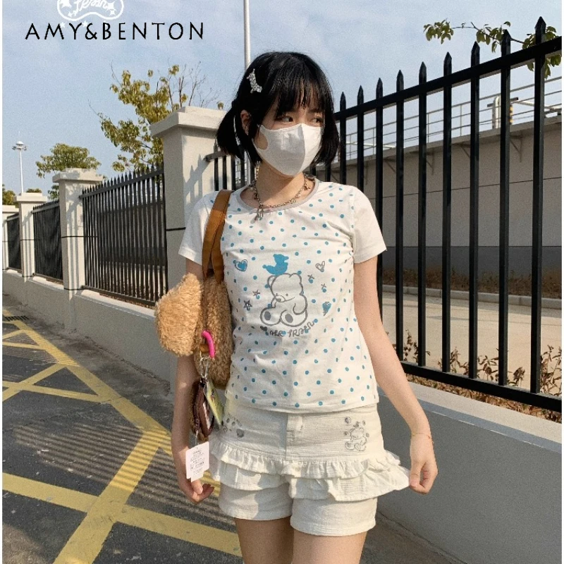 

Japanese Cute Polka Dot Animal Print Large Neck Short Sleeve Women's Top Summer New Sweet Subculture Youthful T-Shirts Ladies