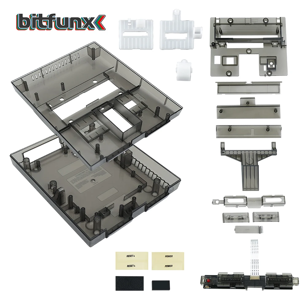 Bitfunx SNES Ersatzschale, transparente Hülle für Nintendo SNES SFC, US-Version, Retro-Spielekonsolen, durchscheinend, Schwarz