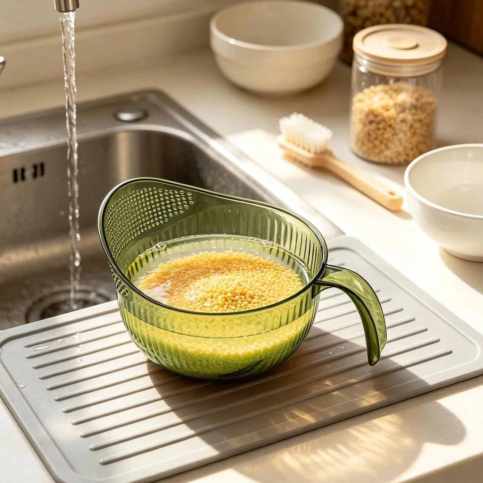 Rice Rinser with Handle Fine Mesh Clear Large Capacity Kitchen Drainer for Grain Vegetable Fruit Berry Home Apartment Restaurant