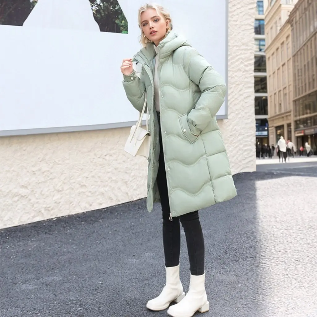 

Women's Fashionable Elegant Mid-Length Cotton-Padded Coat Winter down Jacket Long Sleeve Loose Waist Over-the-Knee